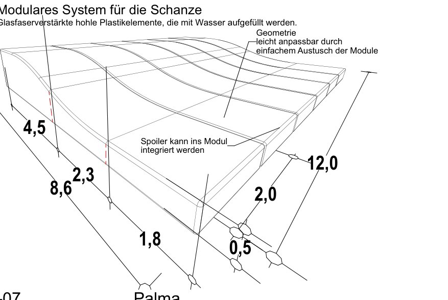 Isometric drawing of the modular ramp: a curved hollow element 8.6 by 12.0 metres with a 1.5 metre crest, dimensioned.